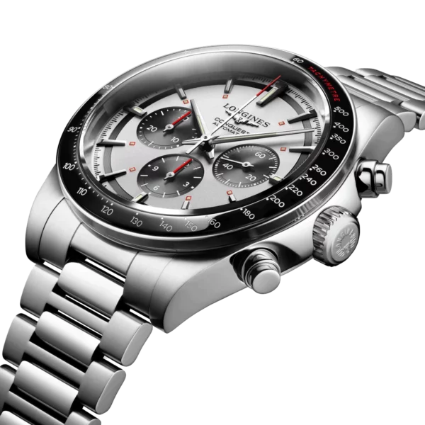 montre longines conquest chronographe 2023 automatique cadran argente bracelet acier 42 mm (1)