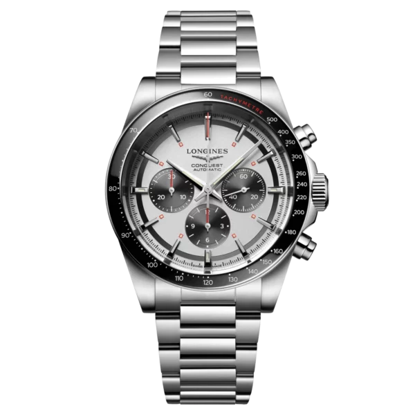 montre longines conquest chronographe 2023 automatique cadran argente bracelet acier 42 mm